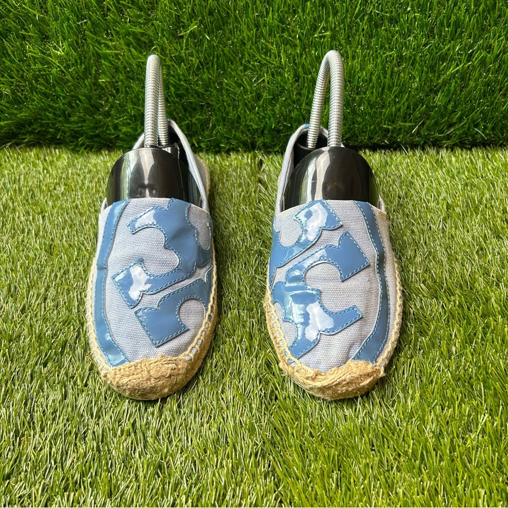 Tory Burch Womens Canvas Espadrille Flats Blue Patent Logo Slip On Shoes Size‎ 6